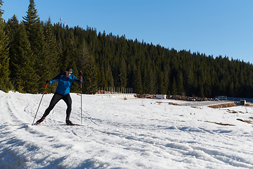 Image showing Nordic skiing or Cross-country skiing classic technique practiced by man in a beautiful panoramic trail at morning.Selective focus.