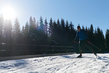 Image showing Nordic skiing or Cross-country skiing classic technique practiced by man in a beautiful panoramic trail at morning.Selective focus.