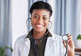 Image showing Doctor, portrait and black woman with stethoscope for heartbeat, healthcare services and cardiology. Face, African female medical worker and listening tools to check heart, lungs and breathing test