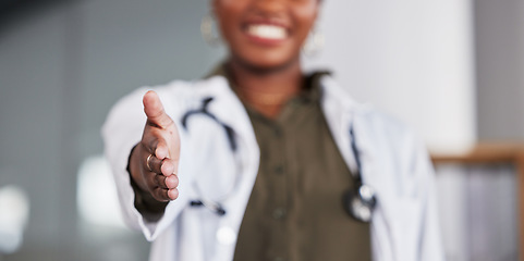 Image showing Open handshake, doctor and woman with welcome, smile or respect for hiring, recruitment or healthcare job. Medic, palm or happy for shaking hands, onboarding or agreement in human resources at clinic