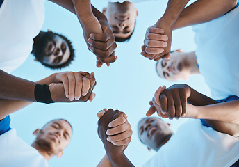 Image showing Sports, teamwork and praying with hands of soccer player on field for fitness, support and community. Goal, workout and prayer with people training on football stadium for motivation and game