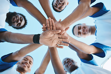 Image showing Portrait, stack or team with sports, hands or fitness with support, collaboration or motivation. Male people, players or group with prep talk, huddle or soccer with wellness, commitment or solidarity