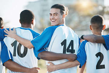 Image showing Start, teamwork or portrait of soccer player on field for training, challenge and championship game. Happy man, back or group of sports people in football stadium for solidarity, support or fitness