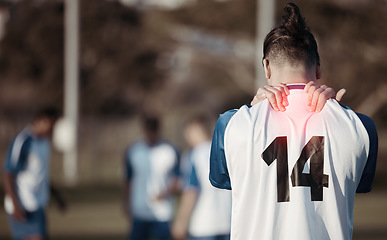 Image showing Soccer player, injury or man with back pain on field in sports training accident or practice workout. Emergency, red glow or injured football athlete suffering from muscle tendon in fitness exercise