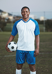 Image showing Soccer ball, ready or portrait of black man on field with smile in sports training, game or match on pitch. Happy football player, fitness or proud African athlete in practice, exercise or workout