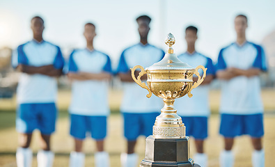 Image showing Soccer team, trophy and sports tournament for winning challenge, teamwork or event on the field outdoors. Gold award, championship or prize with group standing ready in football competition or league