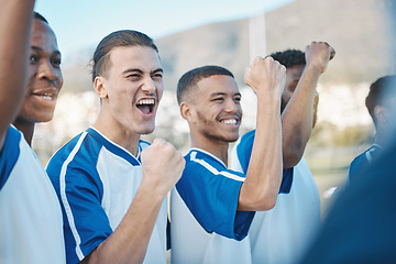 Image showing Soccer player, victory or excited team in celebration for goal or success on a field in sports game together. Winners, teamwork or happy football players winning a tournament match achievement prize