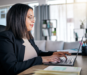 Image showing Woman, typing and laptop in office with thinking, planning or post schedule for blog content creator. Copywriting expert, website manager and computer with mindset, ideas or social media in workplace