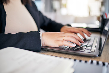 Image showing Hands, typing and laptop in office with notebook, planning or post schedule for blog content creator. Copywriting woman, website manager and computer with keyboard, ideas or social media in workplace