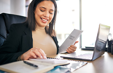 Image showing Accountant, woman and working with calculator for documents, financial report or analysis of audit, taxes or budget. Finance, employee or happy with investment, profit or planning growth in business