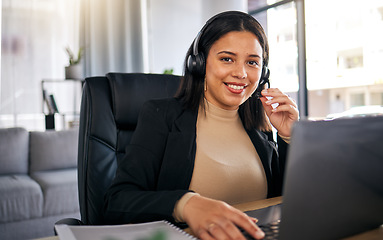 Image showing Happy woman, call center and laptop with headphones for customer service, support or remote work at home office. Friendly female person, consultant or freelance agent smile in online advice or help