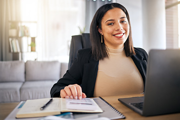 Image showing Accountant, woman and portrait in office with documents, financial report or analysis of audit, taxes or budget. Finance, employee or happy with investment, profit or planning growth in business