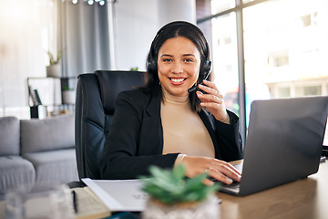 Image showing Happy woman, call center and laptop with headphones in remote work for customer service or support at home office. Friendly female person, consultant or freelance agent smile in online advice or help