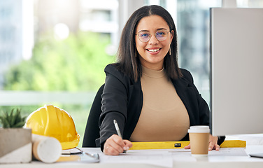 Image showing Architect portrait, office blueprint and happy woman drawing development project, floor plan or design. Creative Illustration, career smile and professional person planning architecture engineering