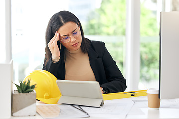 Image showing Headache problem, architect burnout and woman stress over development project, floor plan or work. Mental health, crisis and sad person with depression, migraine pain or architecture engineering fail