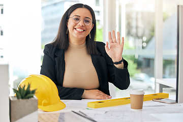 Image showing Architect portrait, office and happy woman greeting, wave hello and work on development project, floor plan or design. Job career, smile and friendly person welcome in architecture engineering office