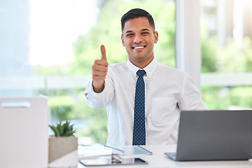 Image showing Happy businessman, portrait and thumbs up for success, good job or agreement by office desk. Man, accountant or employee smile with OK emoji, yes sign or like for business approval at the workplace