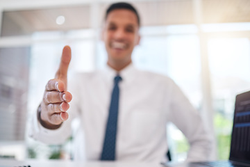 Image showing Closeup of a businessman stretching for shaking hands gesture for partnership, greeting or agreement. Success, welcome and zoom of professional male person with a handshake for welcome in the office.