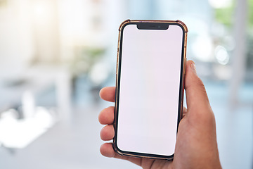 Image showing Hand, blank phone screen and business man with mock up space, web design or ux for mobile app logo in office. Person pov, smartphone and ui for brand, promotion and networking in financial workplace