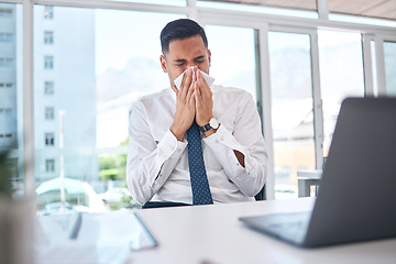 Image showing Sick, allergy and blowing nose with business man in office for flu illness, hayfever and sneeze. Allergies, virus and sinus with employee and sneezing with tissue for influenza, cold and healthcare