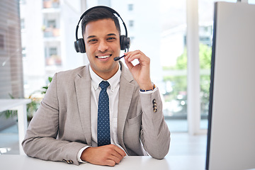 Image showing Happy man, portrait and call center with headphones in customer service, support or telemarketing at office. Male person, consultant or agent smile for online advice, help or contact us at workplace