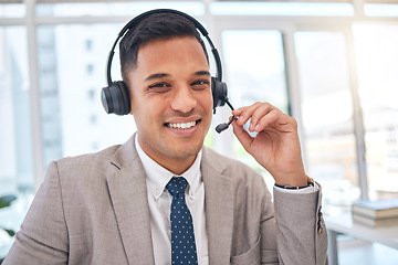 Image showing Happy man, portrait and call center with headphones in customer support, service or telemarketing at office. Male person, consultant or agent smile for online advice, help or contact us at workplace