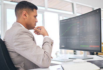 Image showing Businessman, thinking and stock market for financial investment, trading or cryptocurrency at office. Man, broker or trader monitoring finance, profit or increase on graph or chart on PC at workplace