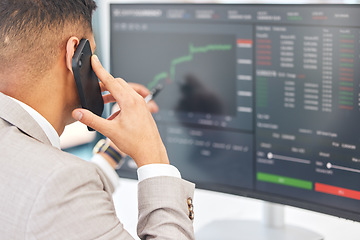 Image showing Businessman, phone call and stock market for financial investment, trading or cryptocurrency at office. Man, broker or trader monitoring finance for profit, advice or graph increase on PC screen