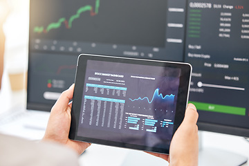 Image showing Tablet in hands, graphs and stock market with fintech and trading, investment and financial stats on dashboard. Finance information, trader person and cryptocurrency, data analysis, charts and app