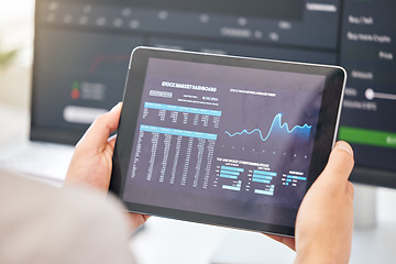 Image showing Tablet in hands, statistics and stock market with fintech and trading, invest and financial graph on dashboard. Finance information, trader person and cryptocurrency, data analysis, charts and app
