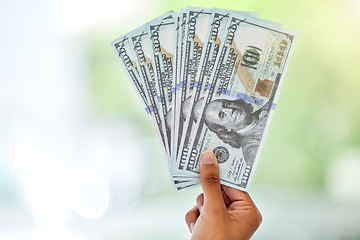 Image showing Cash in hand, dollars and money fan with finance, reward and prize with giveaway bonus and financial freedom. Bills, notes and person with wealth, payment and lotto with cashback and mockup space