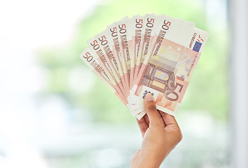 Image showing Cash in hand, euros and money fan with finance, reward and prize with giveaway bonus and financial freedom. Bills, notes and person with wealth, payment and lotto with cashback and mockup space