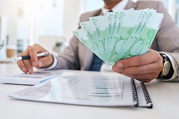 Image showing Businessman, money and documents with calculator for accounting, budget planning or finance on office desk. Closeup of man or accountant hands with cash for savings, audit or salary at the workplace