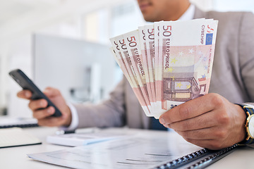 Image showing Businessman, money and phone with documents for accounting, budget planning or finance on office desk. Closeup of man or accountant hands with cash and smartphone in savings, audit or salary on table