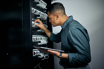 Image showing Engineer man, tablet and cables in server room inspection, thinking or check for analysis, night and programming. Information technology expert, touchscreen or database with problem solving mindset