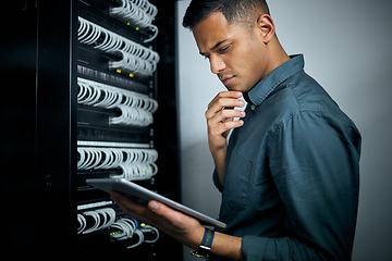 Image showing Engineer man, tablet and thinking in server room inspection, coding and check for analysis, night or programming. Information technology expert, touchscreen or database for mindset, idea or solution