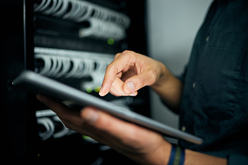Image showing Hands, tablet and typing in server room, man and inspection with coding, analysis and night for programming. Information technology expert, click and closeup for database, solution and it maintenance
