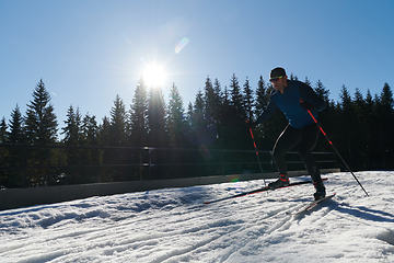 Image showing Nordic skiing or Cross-country skiing classic technique practiced by man in a beautiful panoramic trail at morning.Selective focus.