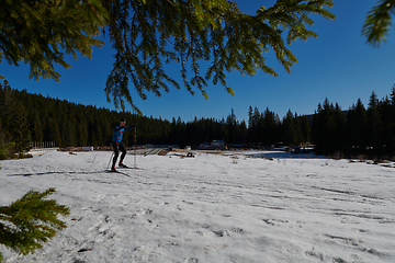 Image showing Nordic skiing or Cross-country skiing classic technique practiced by man in a beautiful panoramic trail at morning.Selective focus.