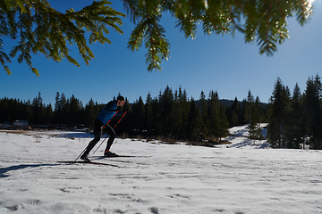 Image showing Nordic skiing or Cross-country skiing classic technique practiced by man in a beautiful panoramic trail at morning.Selective focus.