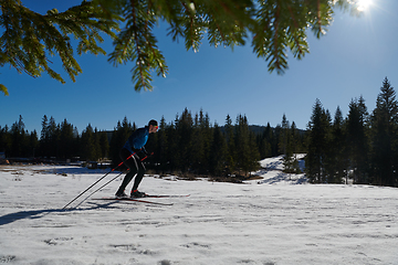 Image showing Nordic skiing or Cross-country skiing classic technique practiced by man in a beautiful panoramic trail at morning.Selective focus.