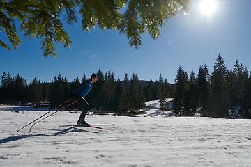 Image showing Nordic skiing or Cross-country skiing classic technique practiced by man in a beautiful panoramic trail at morning.Selective focus.