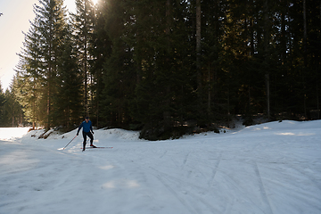 Image showing Nordic skiing or Cross-country skiing classic technique practiced by man in a beautiful panoramic trail at morning.Selective focus.