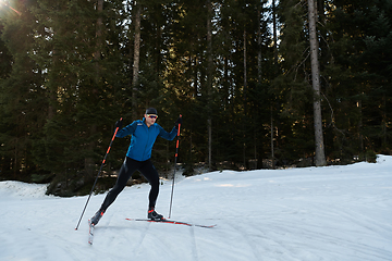 Image showing Nordic skiing or Cross-country skiing classic technique practiced by man in a beautiful panoramic trail at morning.Selective focus.