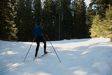 Image showing Nordic skiing or Cross-country skiing classic technique practiced by man in a beautiful panoramic trail at morning.Selective focus.