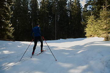 Image showing Nordic skiing or Cross-country skiing classic technique practiced by man in a beautiful panoramic trail at morning.Selective focus.