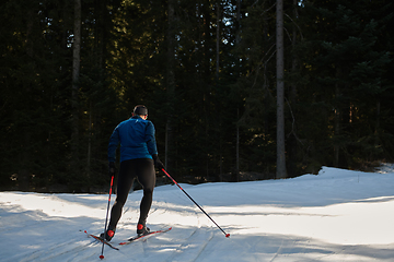 Image showing Nordic skiing or Cross-country skiing classic technique practiced by man in a beautiful panoramic trail at morning.Selective focus.