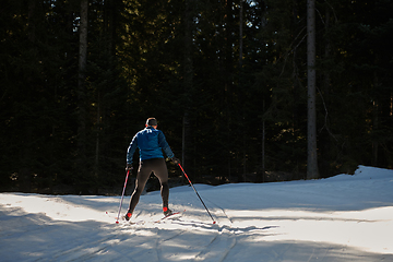 Image showing Nordic skiing or Cross-country skiing classic technique practiced by man in a beautiful panoramic trail at morning.Selective focus.