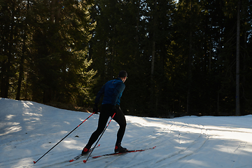 Image showing Nordic skiing or Cross-country skiing classic technique practiced by man in a beautiful panoramic trail at morning.Selective focus.