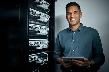 Image showing Engineer man, tablet and portrait in server room with smile, coding and check for analysis, night or programming. Information technology expert, touchscreen and happy for cybersecurity with database